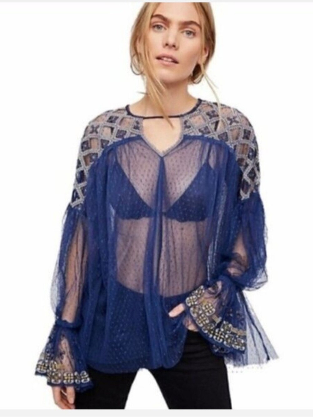 FREE PEOPLE JOYRIDE EMBROIDERED SHEER TOP. SZ LARGE